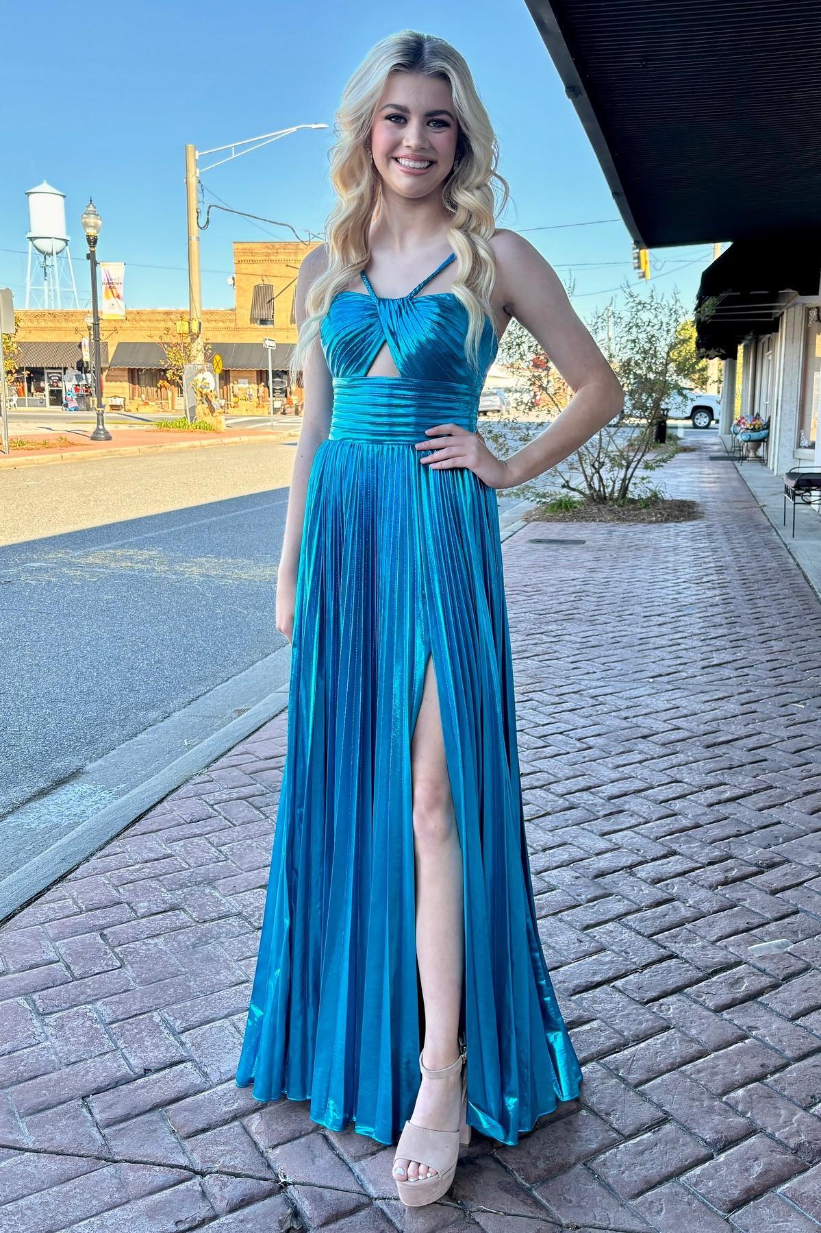 Halter Fuchsia Pleated Metallic Long Dress