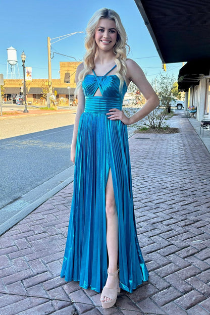 Halter Fuchsia Pleated Metallic Long Dress