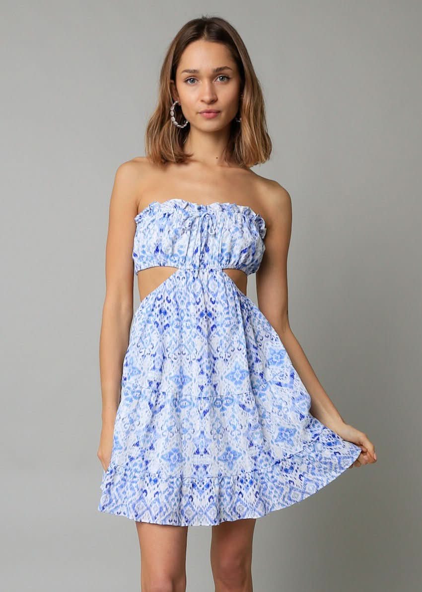 Maeve White and Blue Boho Print Strapless Dress