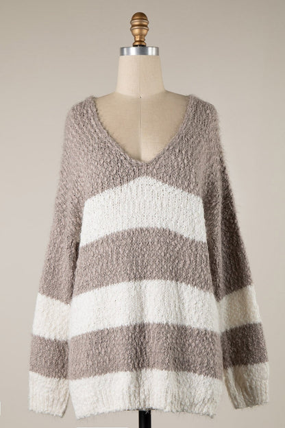 Gwyneth Mocha Striped V Neck Pullover