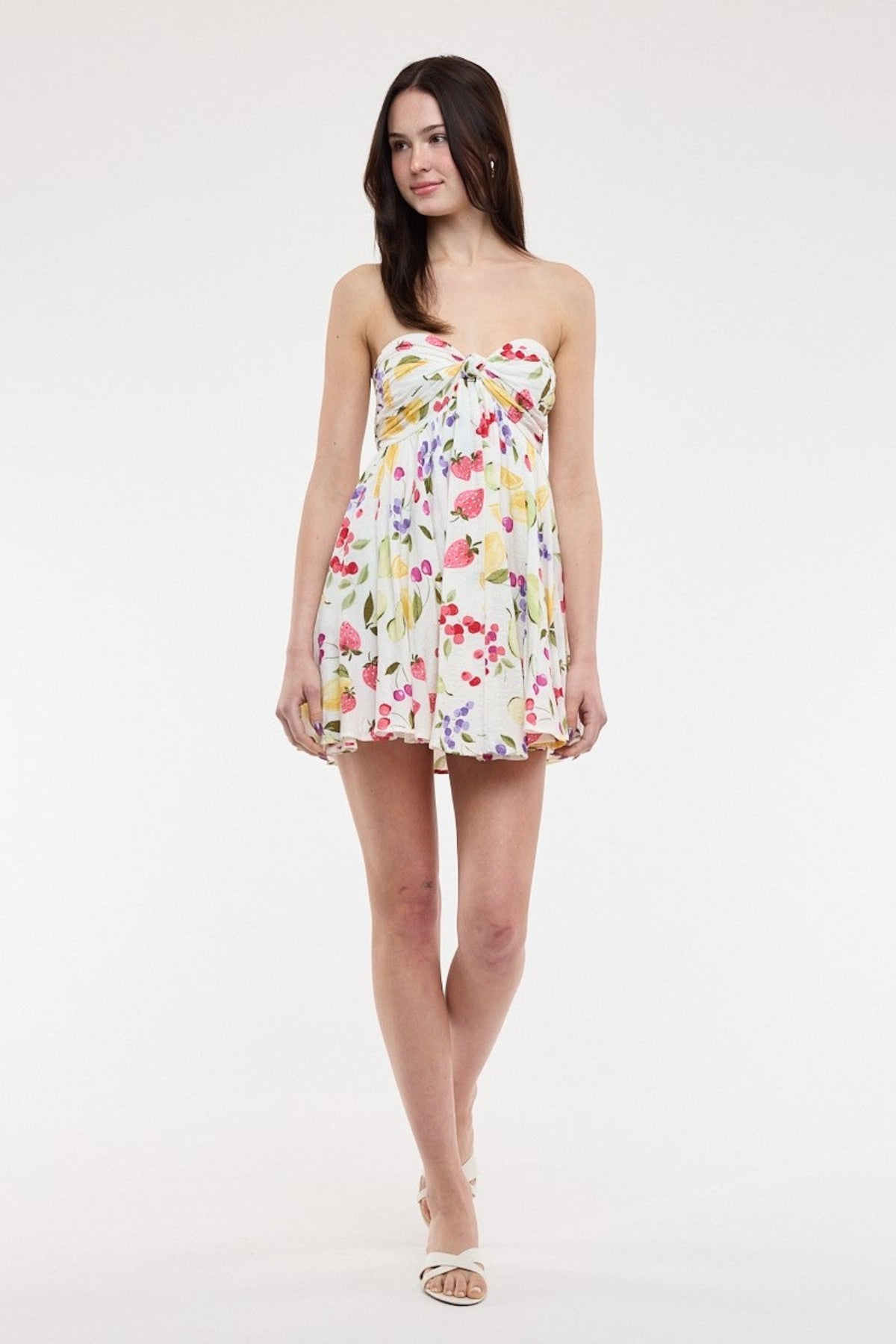 Colette White Fruit Print Strapless Babydoll Dress