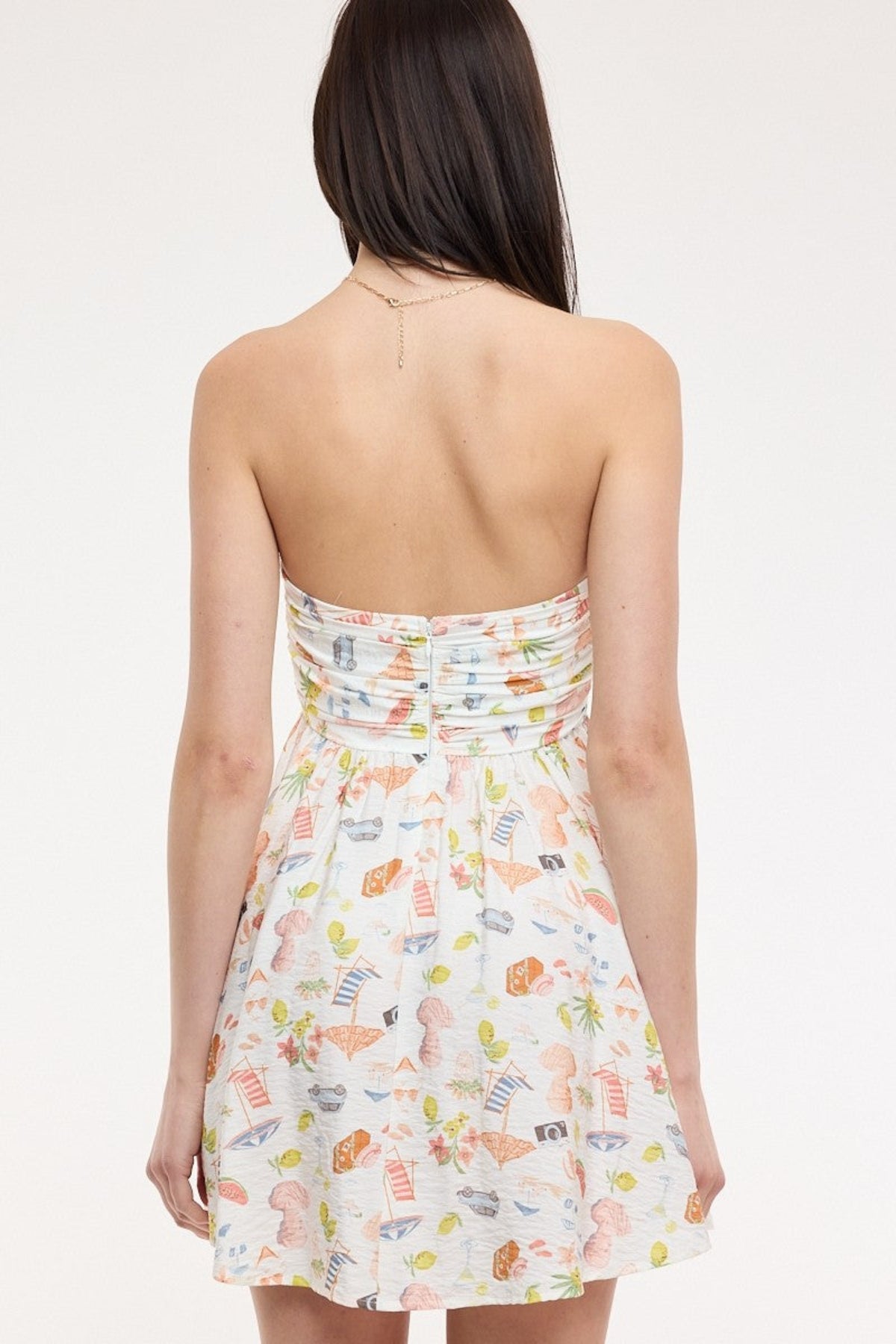 Colette White Vacation Print Strapless Babydoll Dress