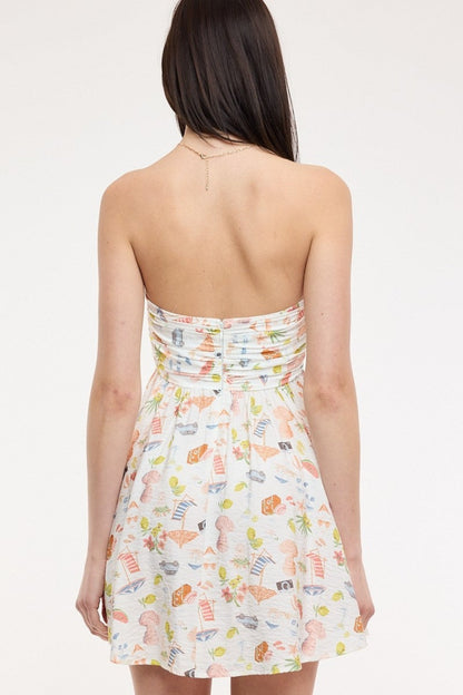 Colette White Vacation Print Strapless Babydoll Dress
