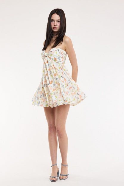 Colette White Vacation Print Strapless Babydoll Dress