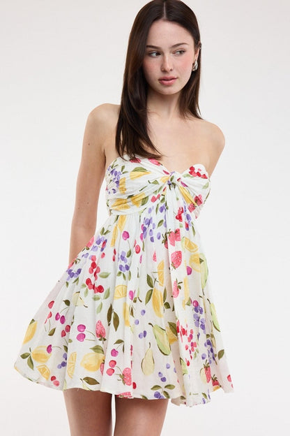 Colette White Fruit Print Strapless Babydoll Dress