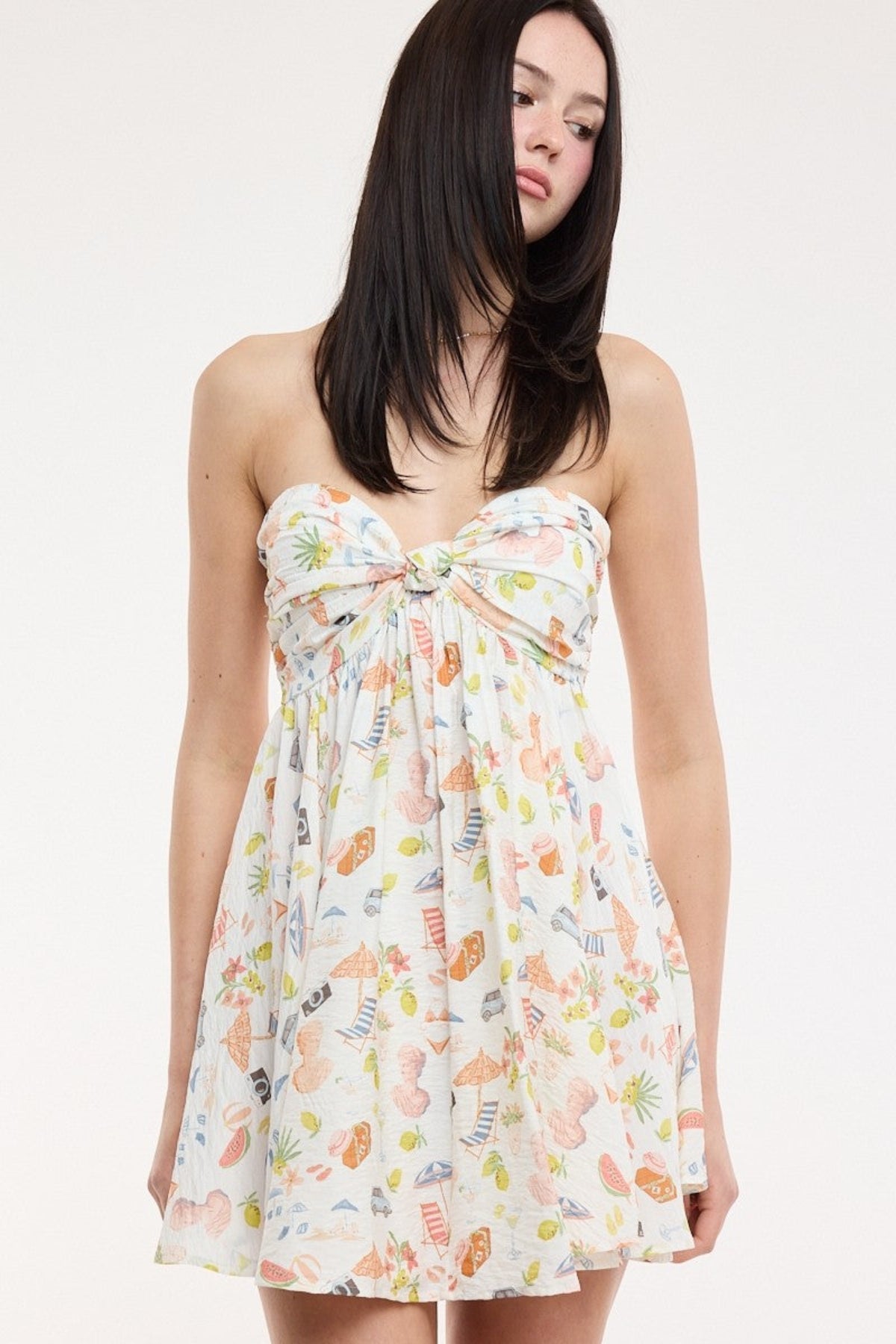 Colette White Vacation Print Strapless Babydoll Dress