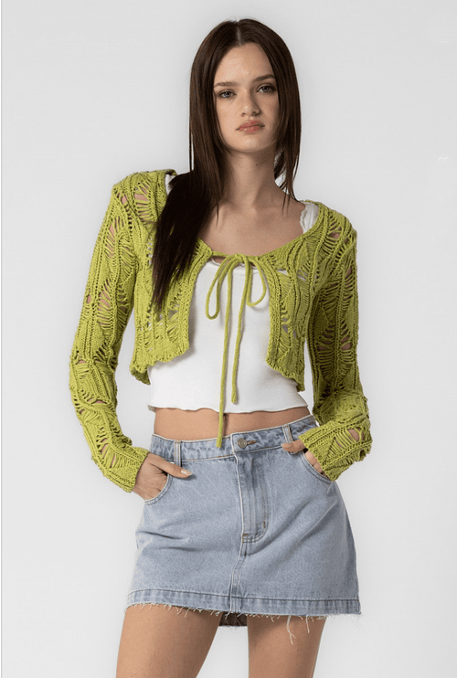 Emilia Kiwi Crochet Front-Tie Crop Cardigan Top