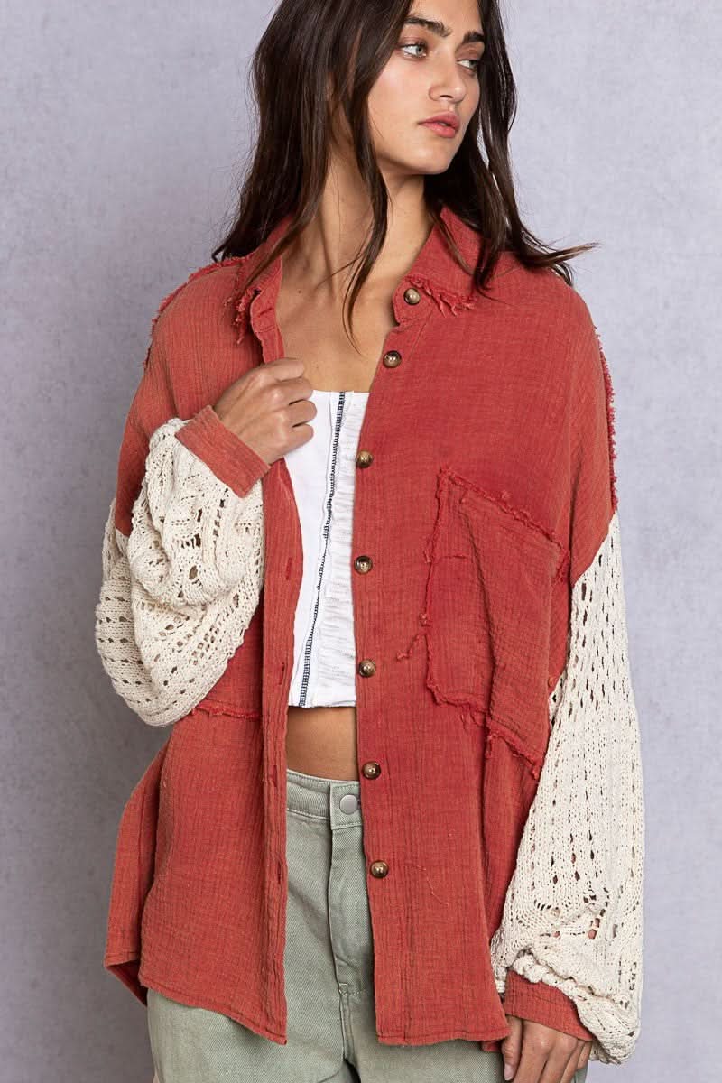 Lesley Dusty Red Crochet Sleeve Shacket
