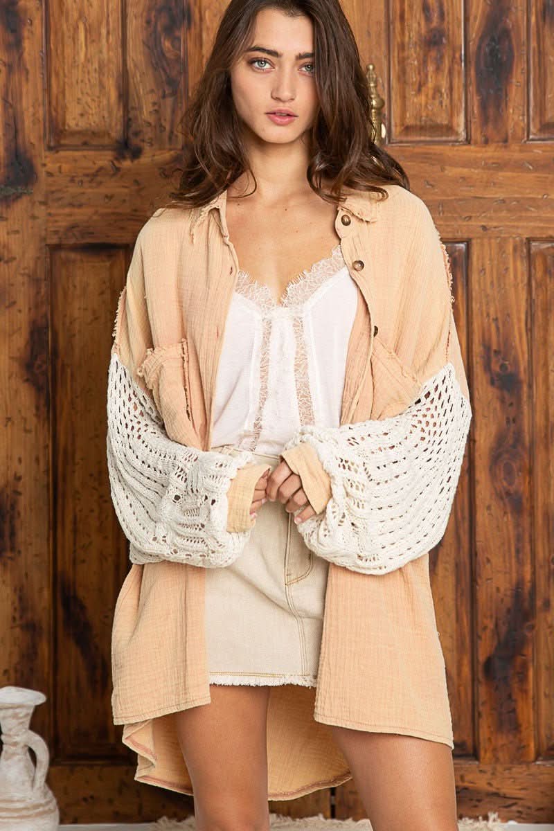 Lesley Dusty Peach Crochet Sleeve Shacket