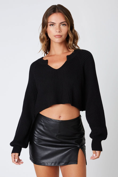 Day Off Black Notched Neck Sweater