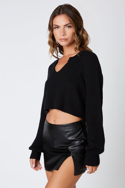 Day Off Black Notched Neck Sweater