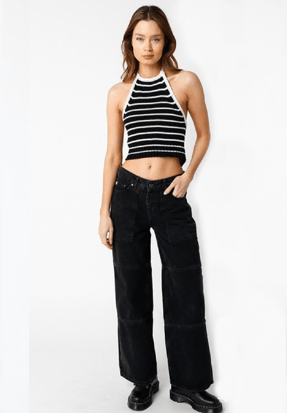 Iris Black Striped Crochet Halter Top
