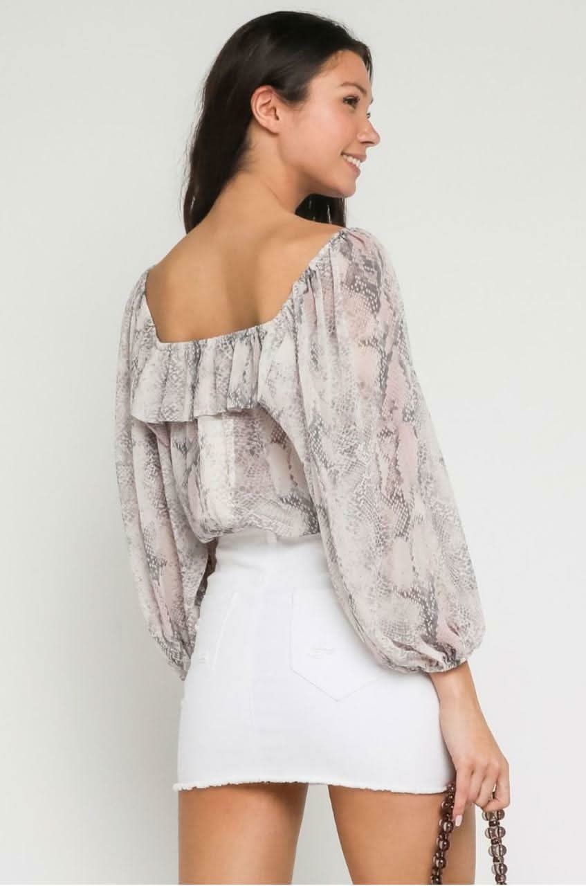 Mila Blush Snake Long Sleeve Ruffle Crop Top