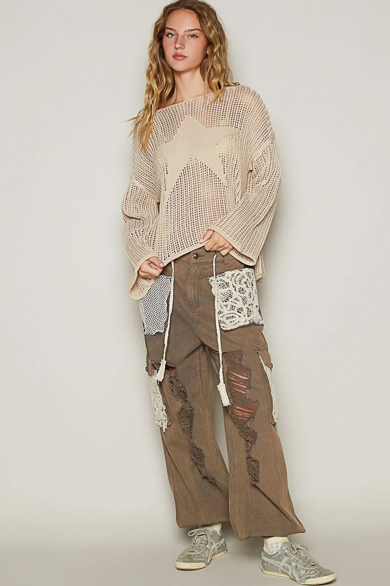 Everly Beige Sheer Star Sweater