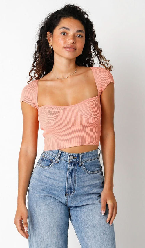 Emma Melon Cap Sleeve Sweater Crop Top