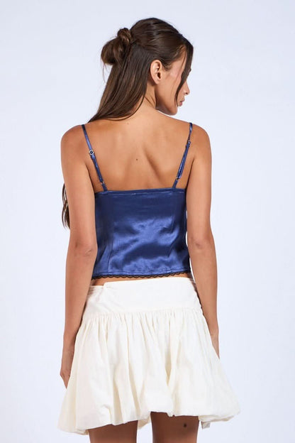 Emery Navy Satin Lace Cami Top