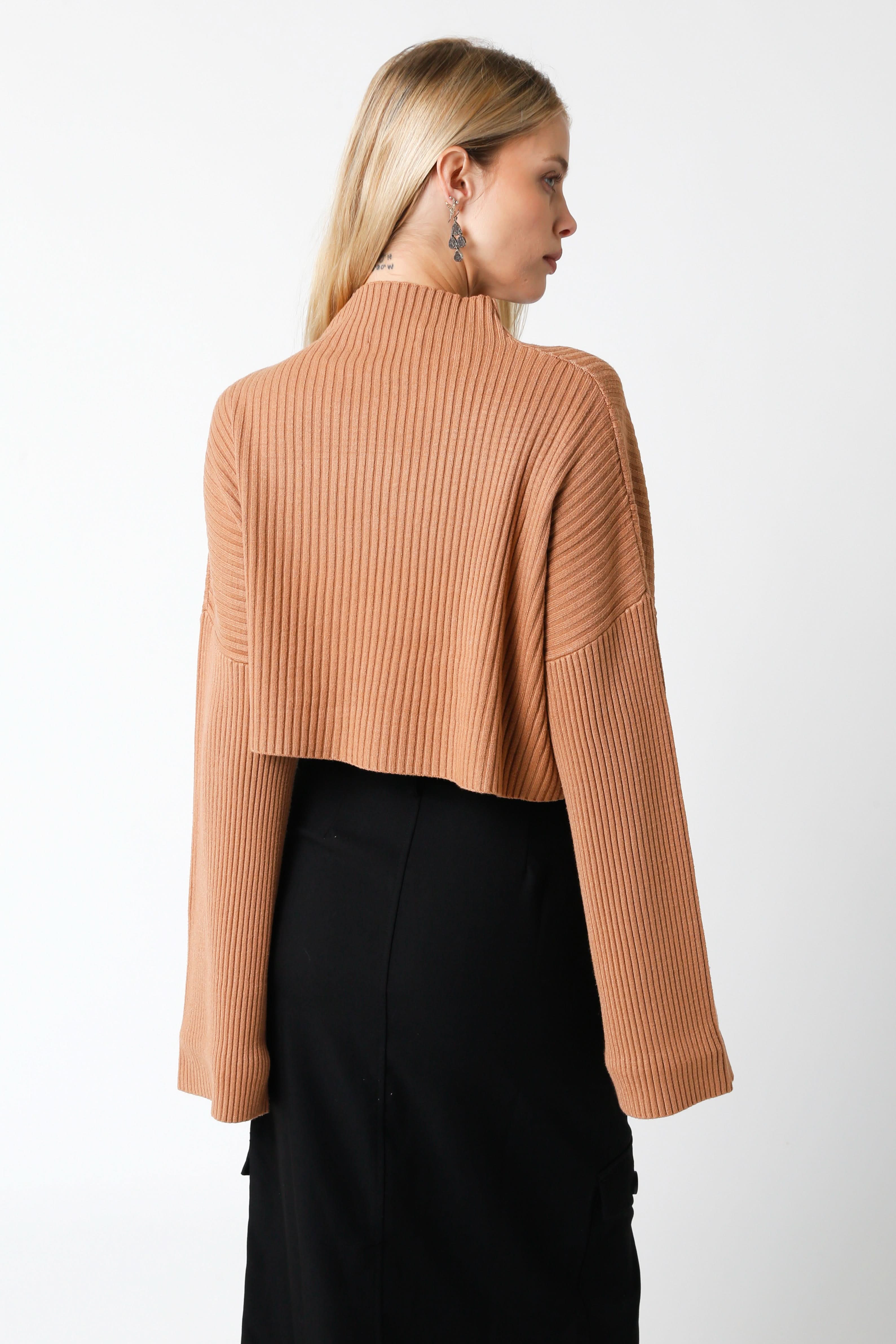 East Side Mocha Ribbed Knit Mock Neck Sweater