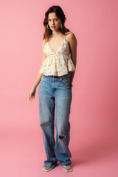 Freya Cream and Pink Floral Babydoll Top
