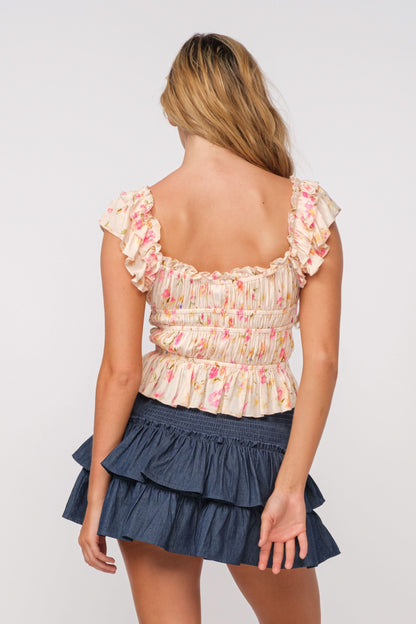 Kylie Coral Floral Ruffle Sleeve Top