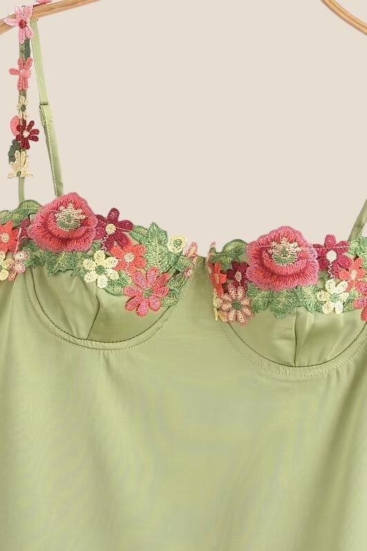 Green Floral Embroidery Short Princess Dress