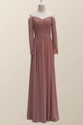 Dusty Rose Lace Long Sleeves Long Bridesmaid Dress