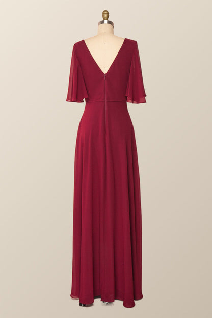 Flare Sleeves Green Chiffon Long Bridesmaid Dress