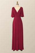 Flare Sleeves Navy Blue Chiffon Long Bridesmaid Dress
