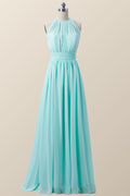 Halter Blue Chiffon Long Bridesmaid Dress
