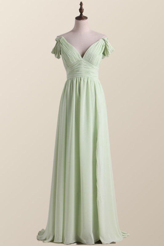 Empire Sage Green Chiffon Pleated V Neck Bridesmaid Dress