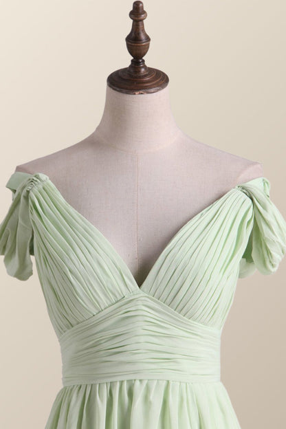 Empire Sage Green Chiffon Pleated V Neck Bridesmaid Dress