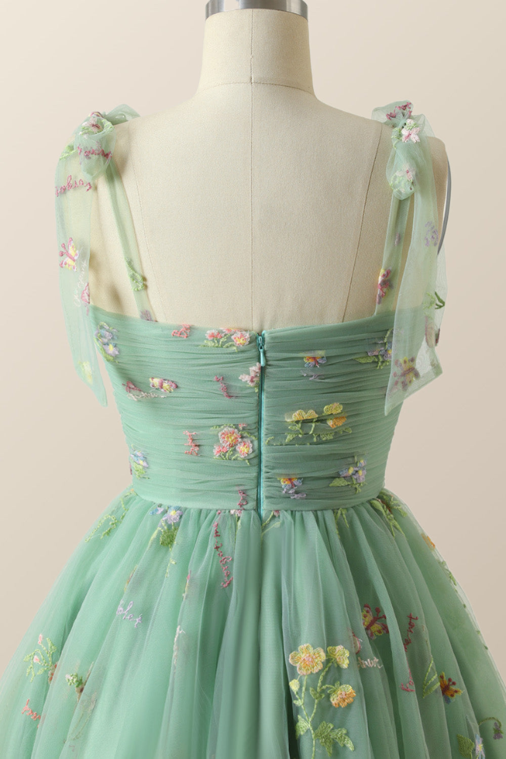 Green A-line Floral Embroidered Short Party Dress