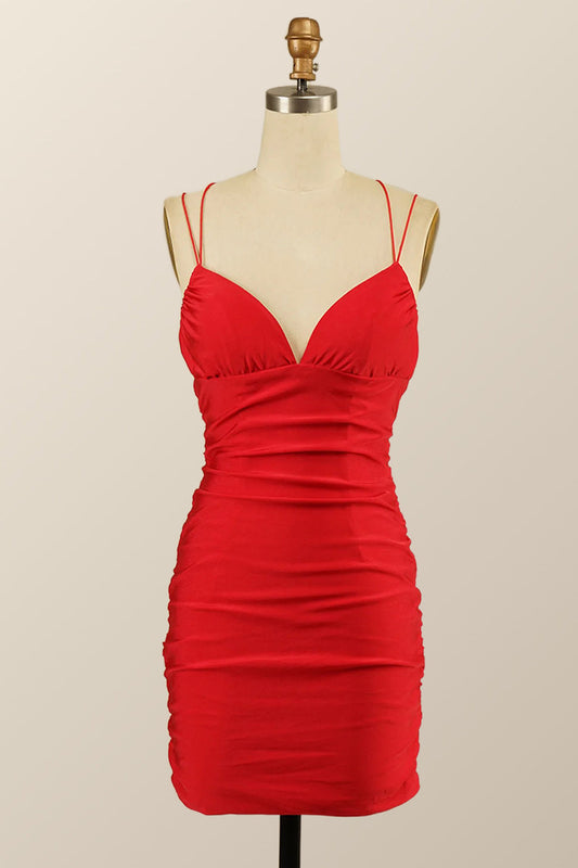 Double Straps Red Empire Red Tight Mini Dress