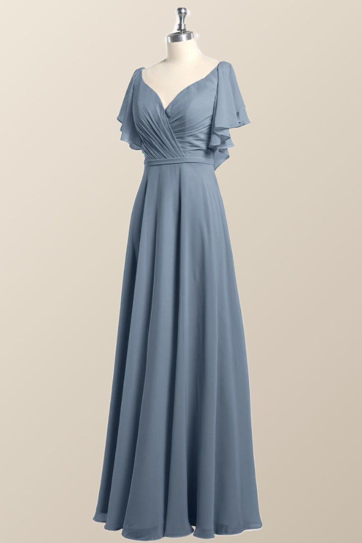 Flutter Sleeves Sage Green Chiffon A-line Long Bridesmaid Dress