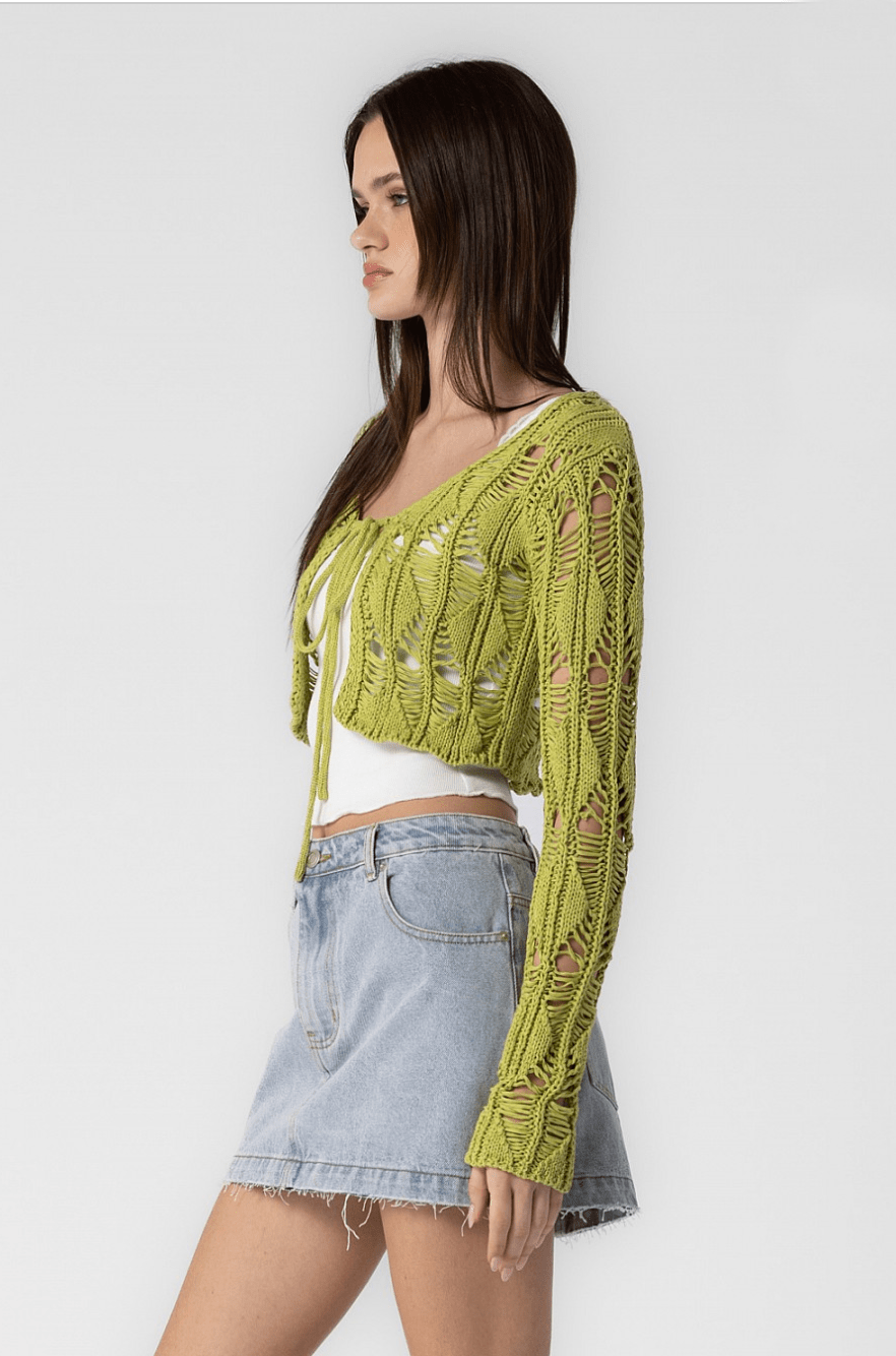 Emilia Kiwi Crochet Front-Tie Crop Cardigan Top