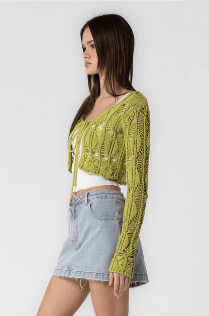 Emilia Kiwi Crochet Front-Tie Crop Cardigan Top