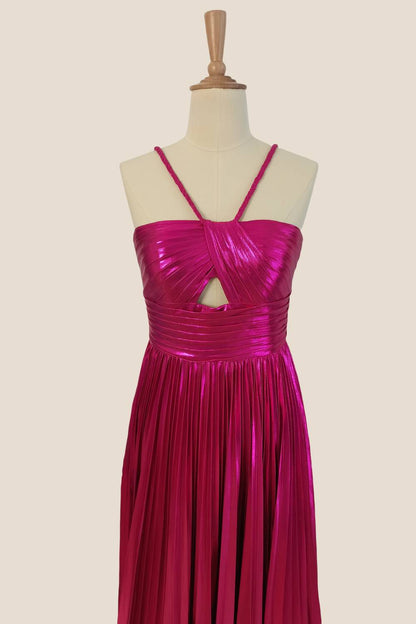 Halter Fuchsia Pleated Metallic Long Dress