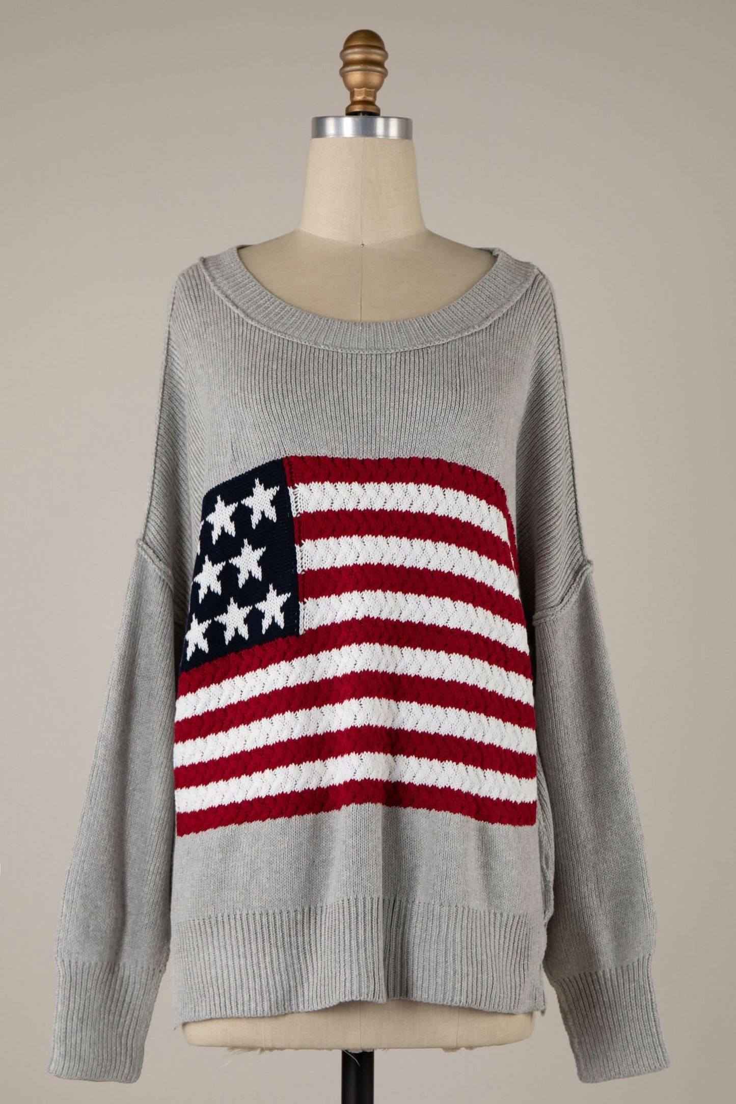 Land of Free Grey Oversized American Flag Sweater