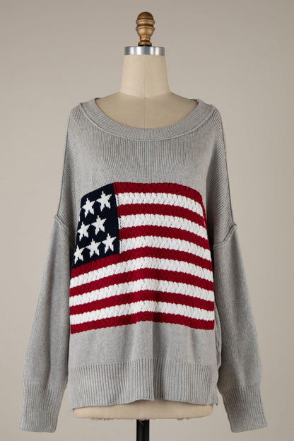 Land of Free Grey Oversized American Flag Sweater