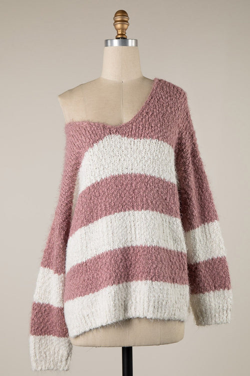Gwyneth Mauve Striped V Neck Pullover