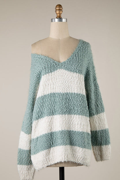Gwyneth Mint Striped V Neck Pullover