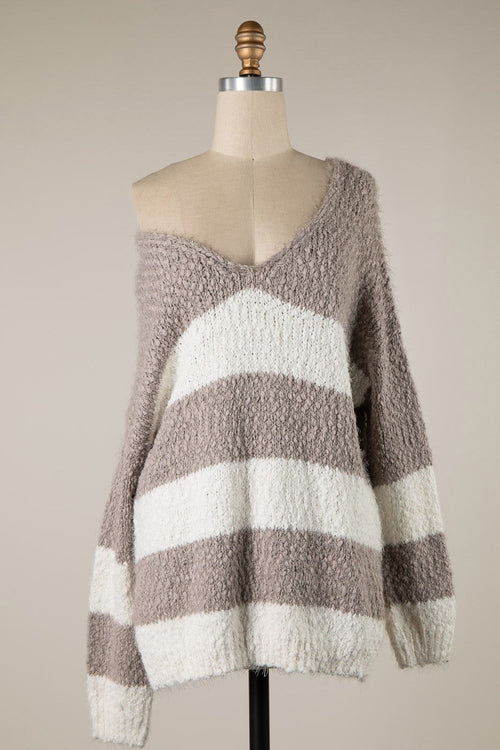 Gwyneth Mocha Striped V Neck Pullover