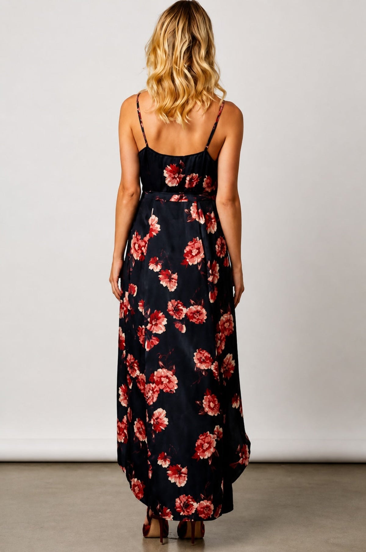 Heidi Navy Satin Floral Wrap Dress