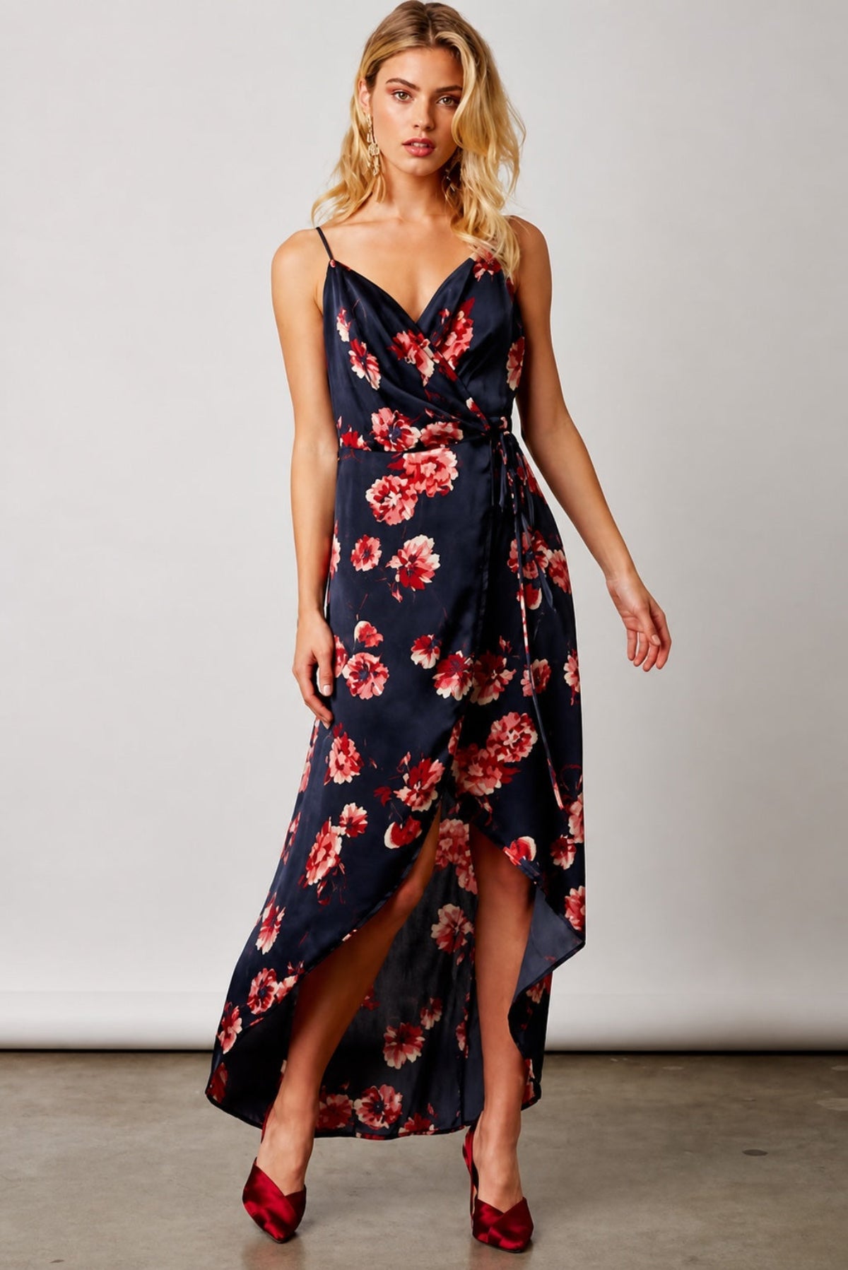 Heidi Navy Satin Floral Wrap Dress
