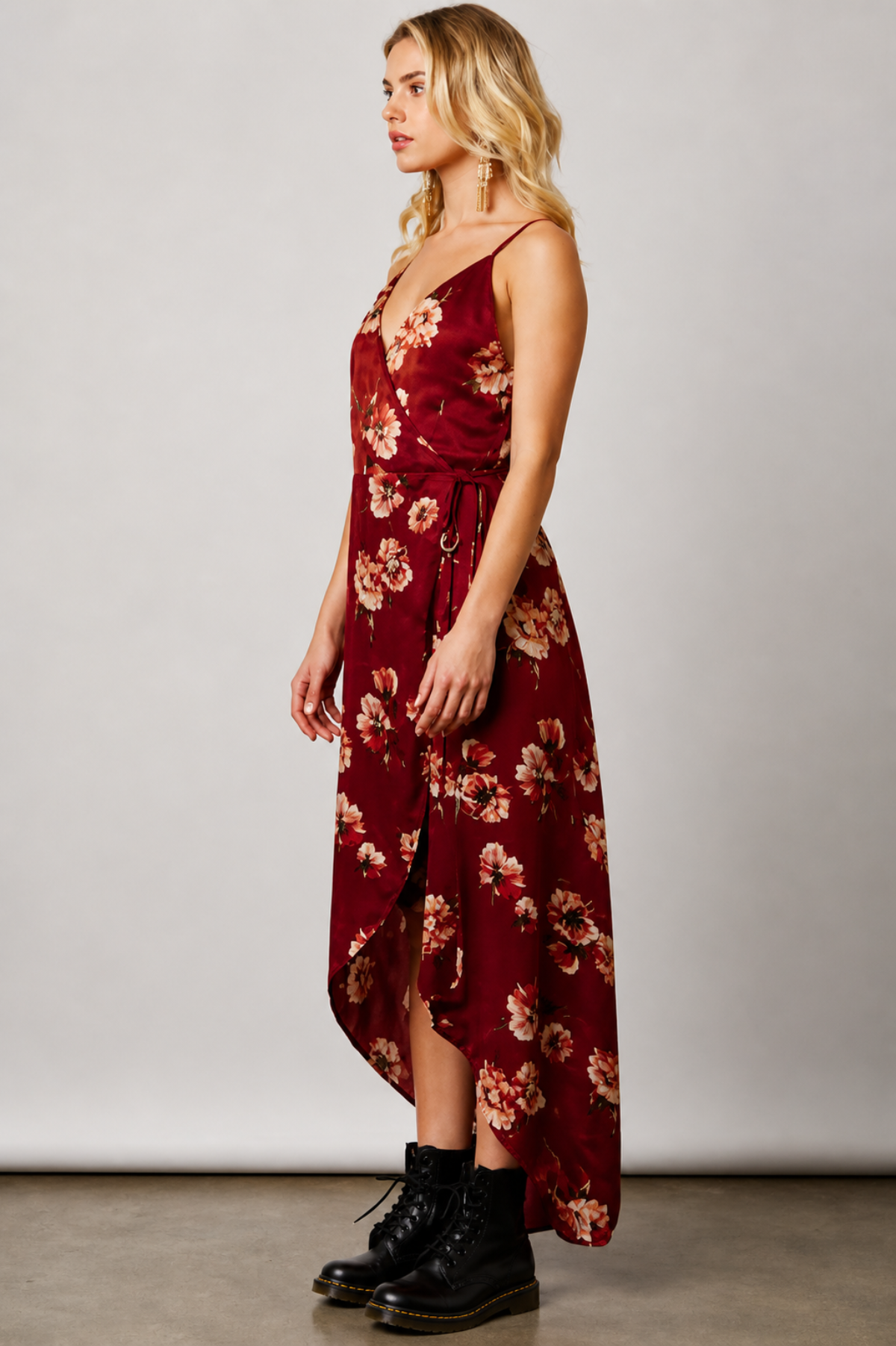 Heidi Wine Satin Floral Wrap Dress