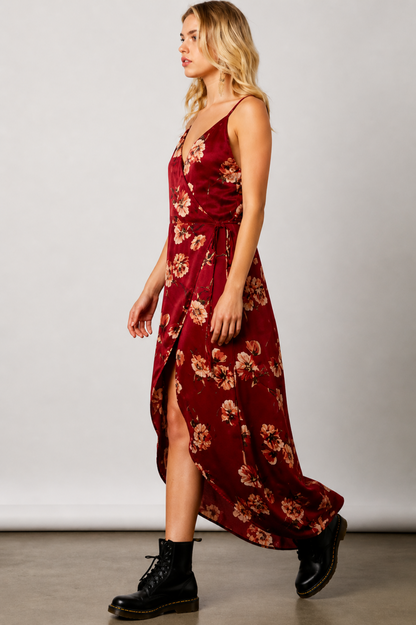 Heidi Wine Satin Floral Wrap Dress
