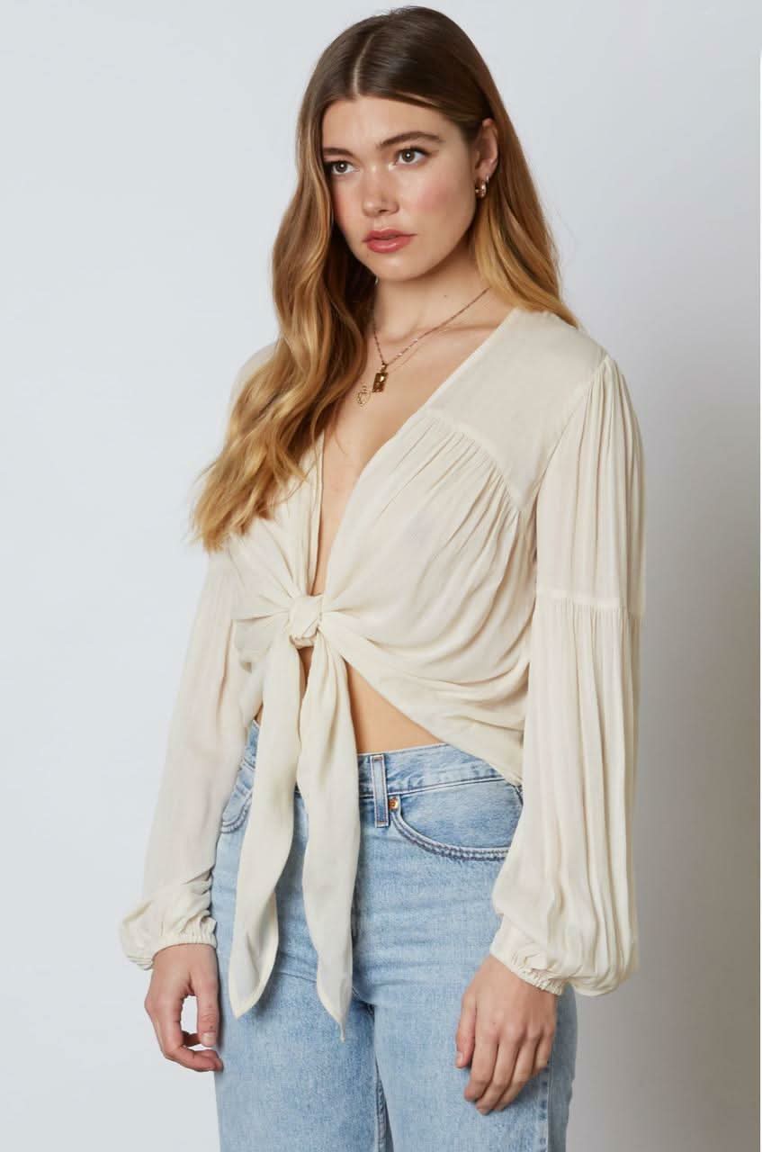 Gia Ivory Long Sleeve Tie-Front Crop Top