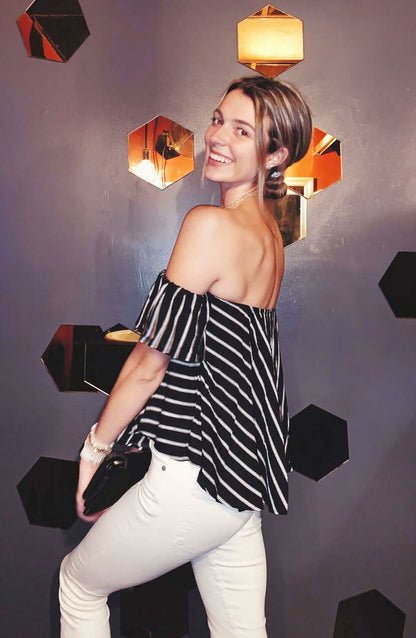 Glamorous Black and White Striped Off-the-Shoulder Top