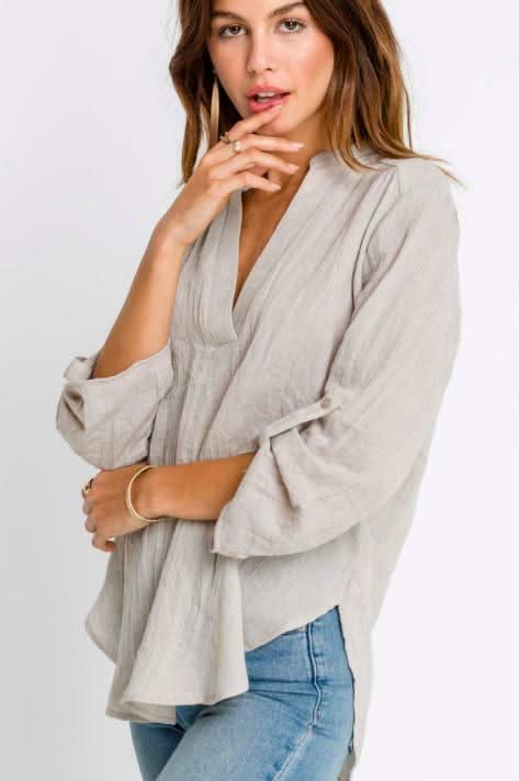 Just In Time Taupe Roll Tab Sleeve Top