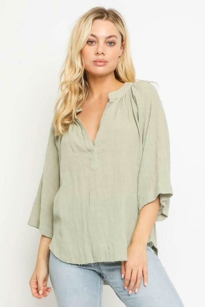 Fiona Sage Green Three-Quarter-Sleeve Top