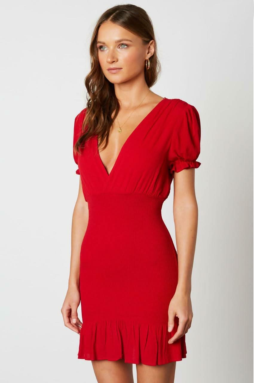 My Darling Red Smocked Puff Sleeve Mini Dress